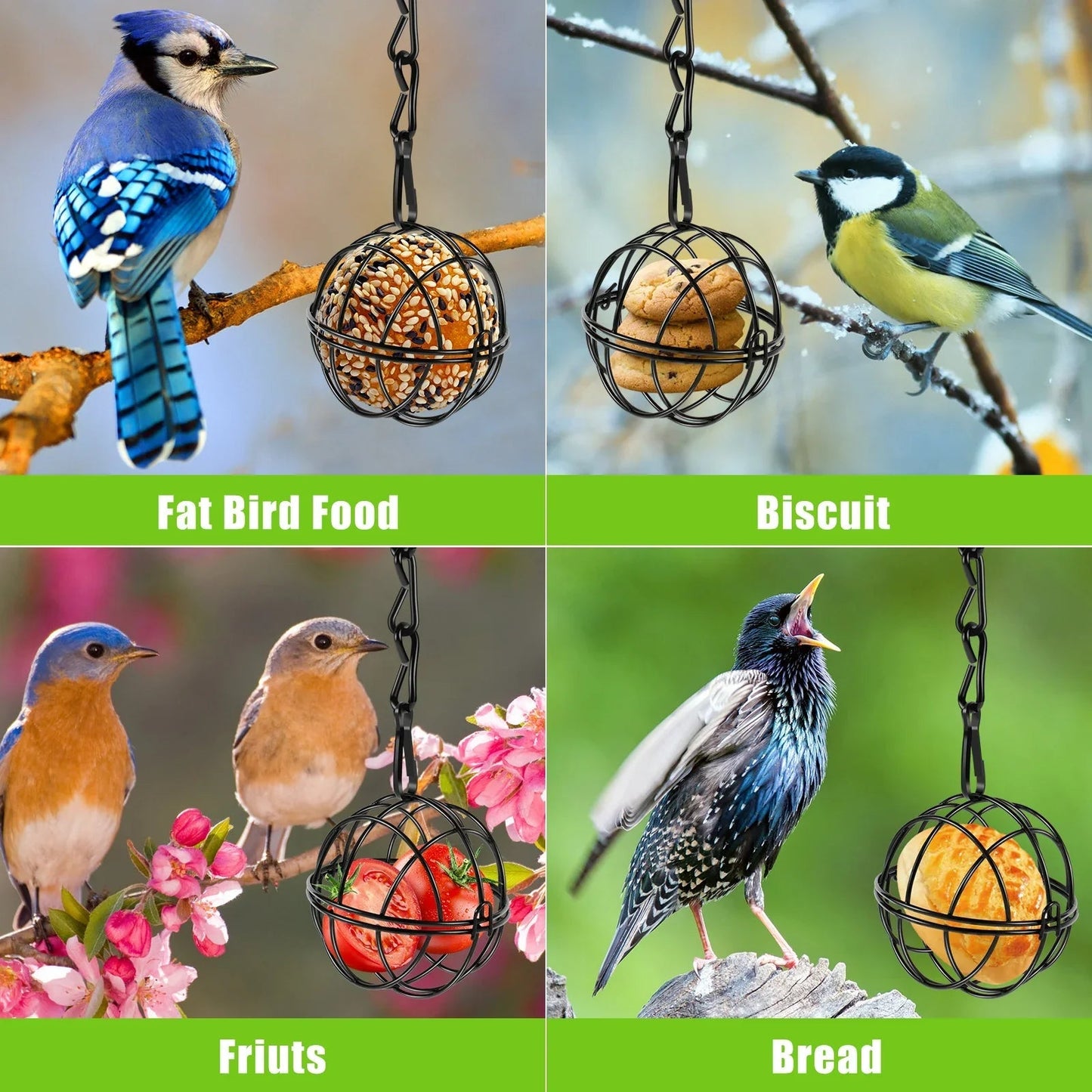 Bird Food Ball Set with Metal Chain | Pack of 4 | Iron | Diameter 7 cm