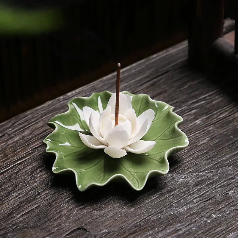 Handcrafted Ceramic Incense Stick Holder with Lotus Leaf Design – Aroma Diffuser