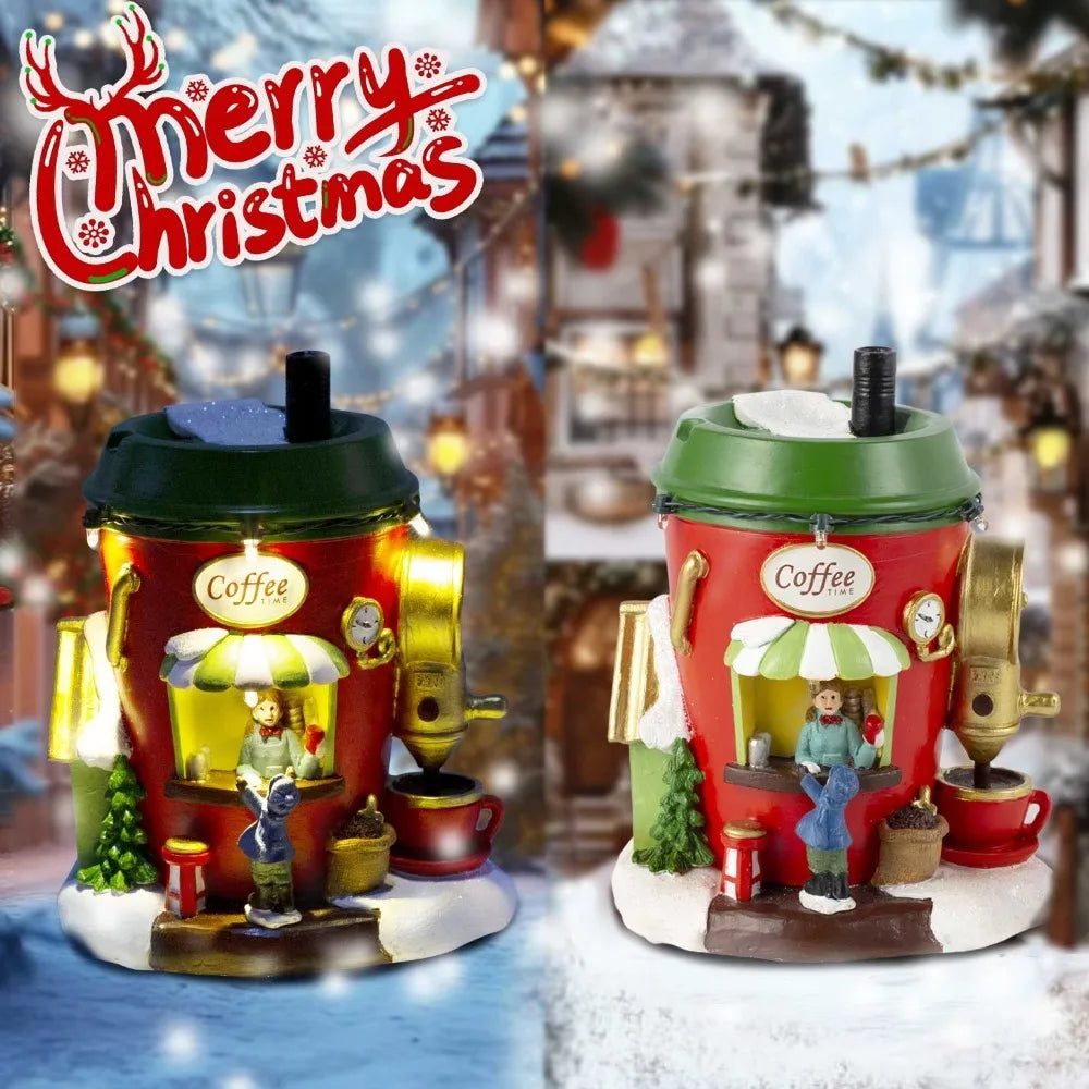 North Pole Coffee House Christmas Village with LED Lights and Figures | Handmade Resin Decorative House | Battery Operated 5.1×3.9×6.1 inches
