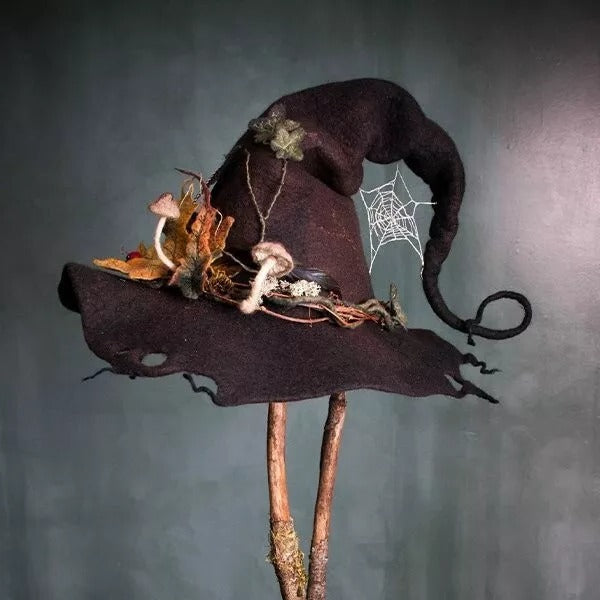 Handcrafted Witch Hat in Merino Wool and Silk Chiffon - Hexagonal Design