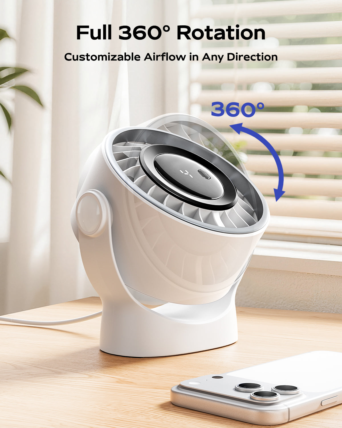 Desktop Fan with 4 Speeds and Smart LED Display – USB Rechargeable