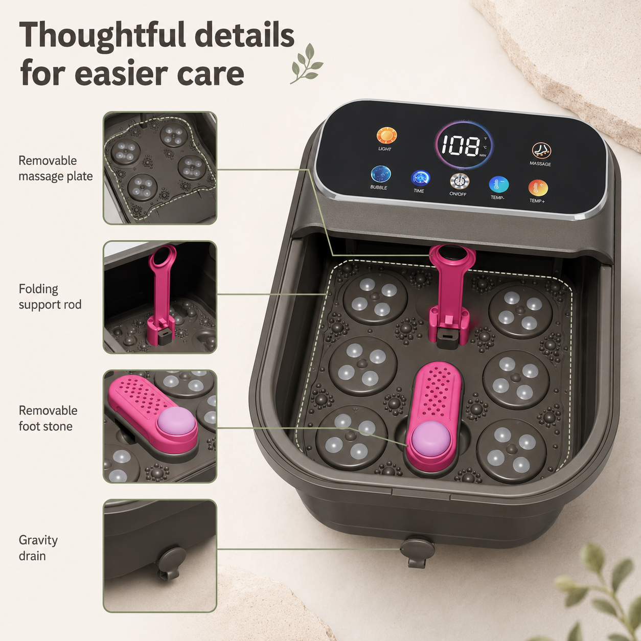 Portable Heated Foot Soak Massager with Bubbles, Rollers, Temperature Control, Remote, and Pedicure Stone