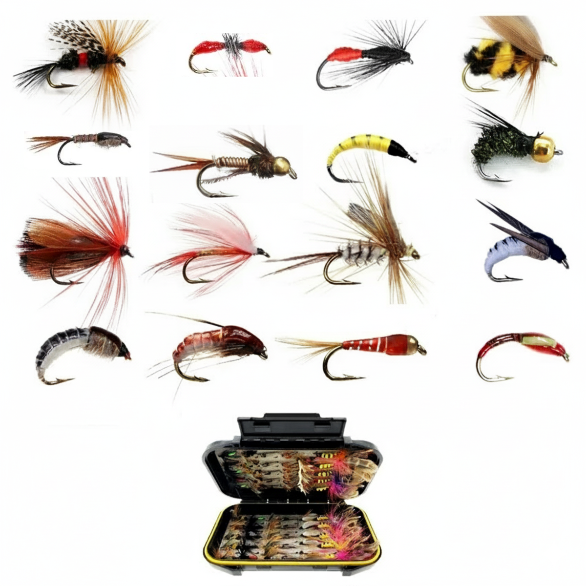 32-112 Piece Fly Fishing Lure Collection - Dry and Wet Flies with Box