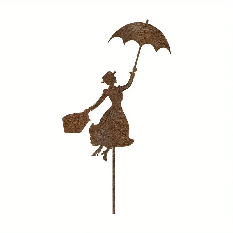 Metal Garden Sculpture of Woman with Umbrella | Weatherproof Outdoor Décor