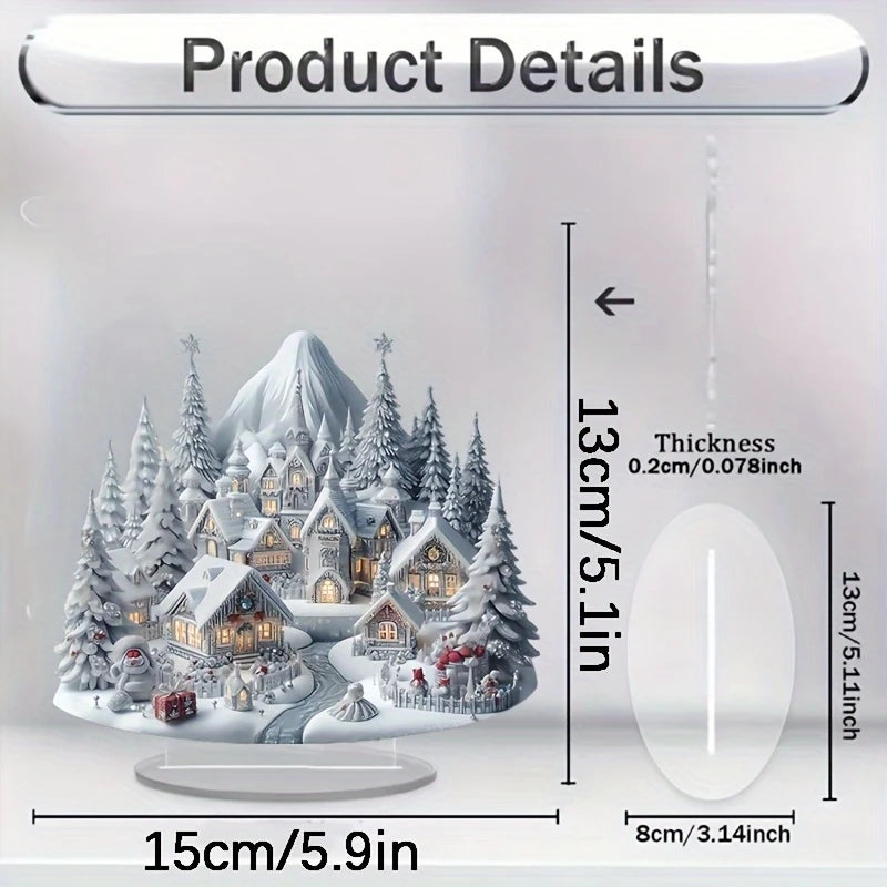 Acrylic Christmas Ornament - Snow Village with Reindeer Scene - Flat 2D Design