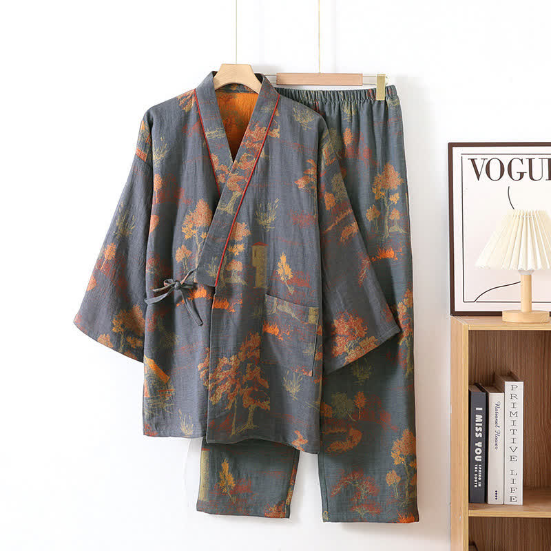 Cotton Pajama Set with Neutral Landscape Kimono Design