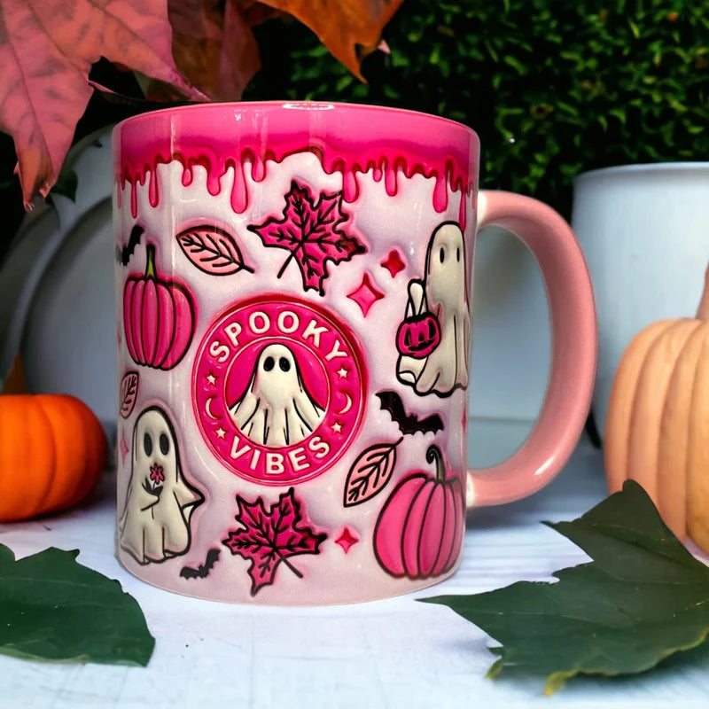 Coffee Mug Featuring Ghost Design and Pumpkin Motif