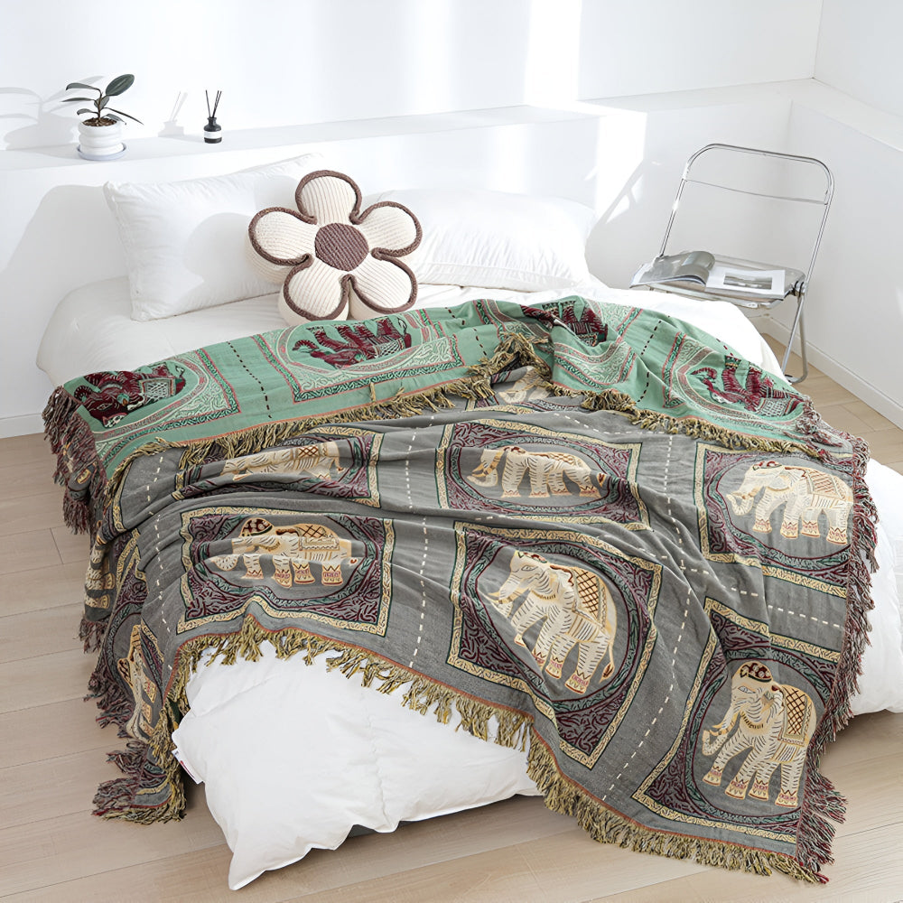 Charming Cotton Throw with Elephant Design and Tassels