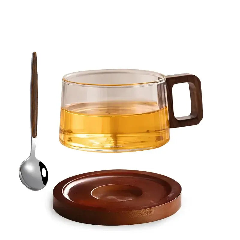 Handcrafted Glass Cup and Saucer Set - 3 Pieces with Walnut Design
