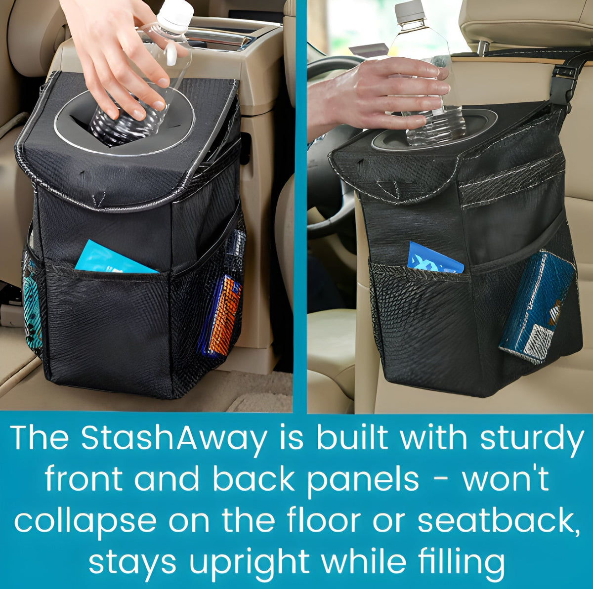 Space-Saving Vehicle Waste Bin with Secure Lid and Strap