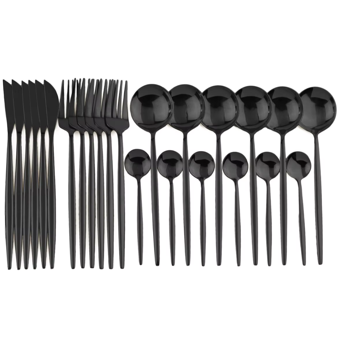 24-Piece Black Stainless Steel Cutlery Set – Dishwasher Safe