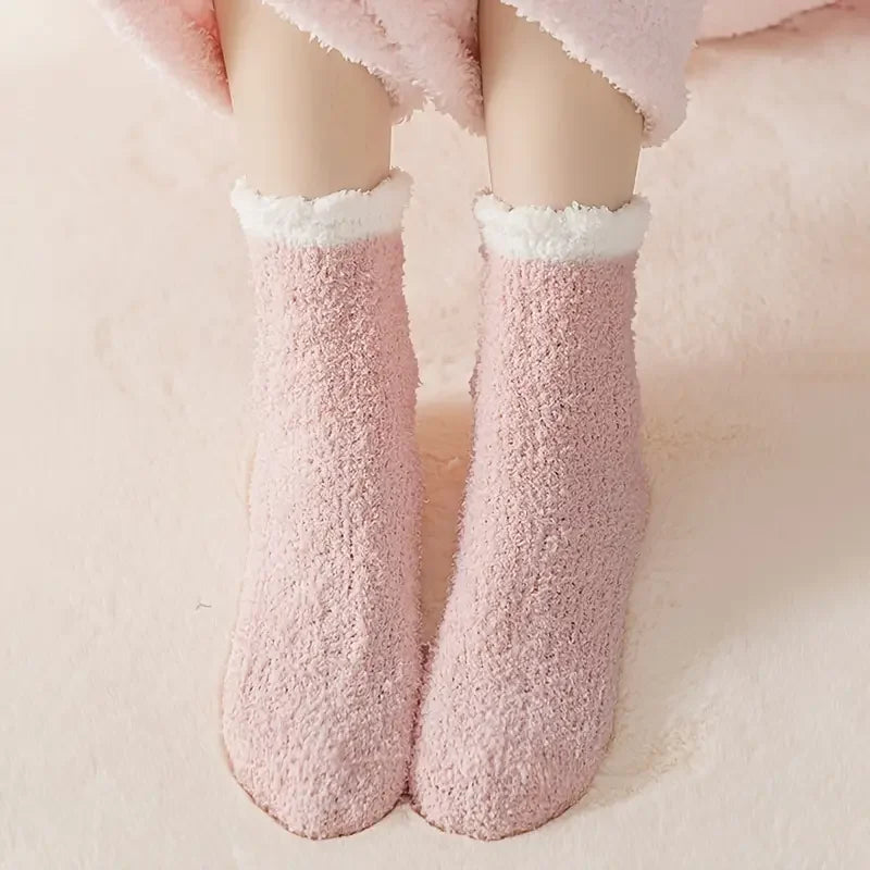 5 Pairs of Women's Winter Cozy Socks | Thick Coral Fleece | Mid-High, Warm & Soft Solid Color House Socks