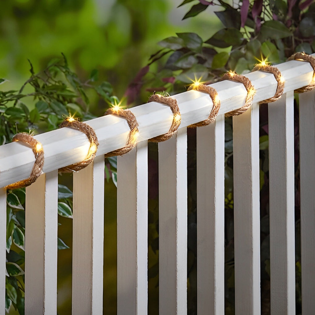 Battery-Powered Solar LED String Lights with Hemp Rope - 100/200 Bulbs