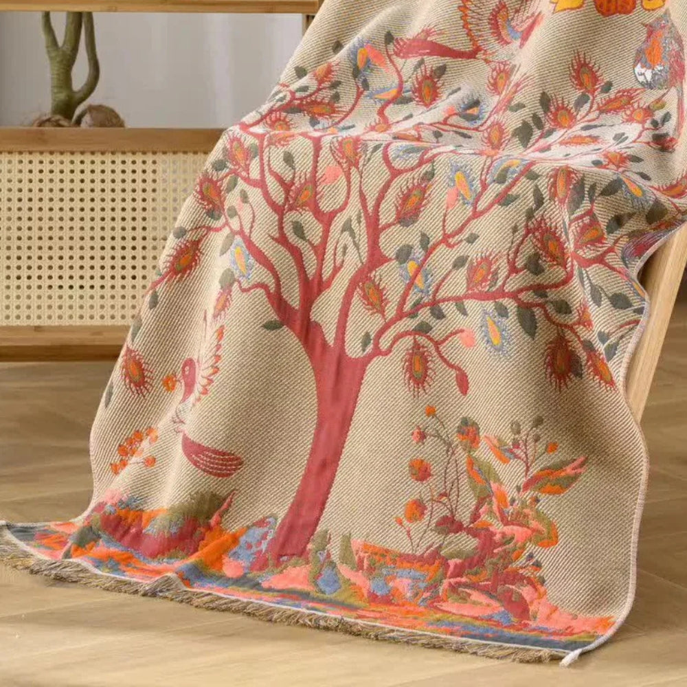Chic Cotton Towel with Stylish Tree Design and Tassels