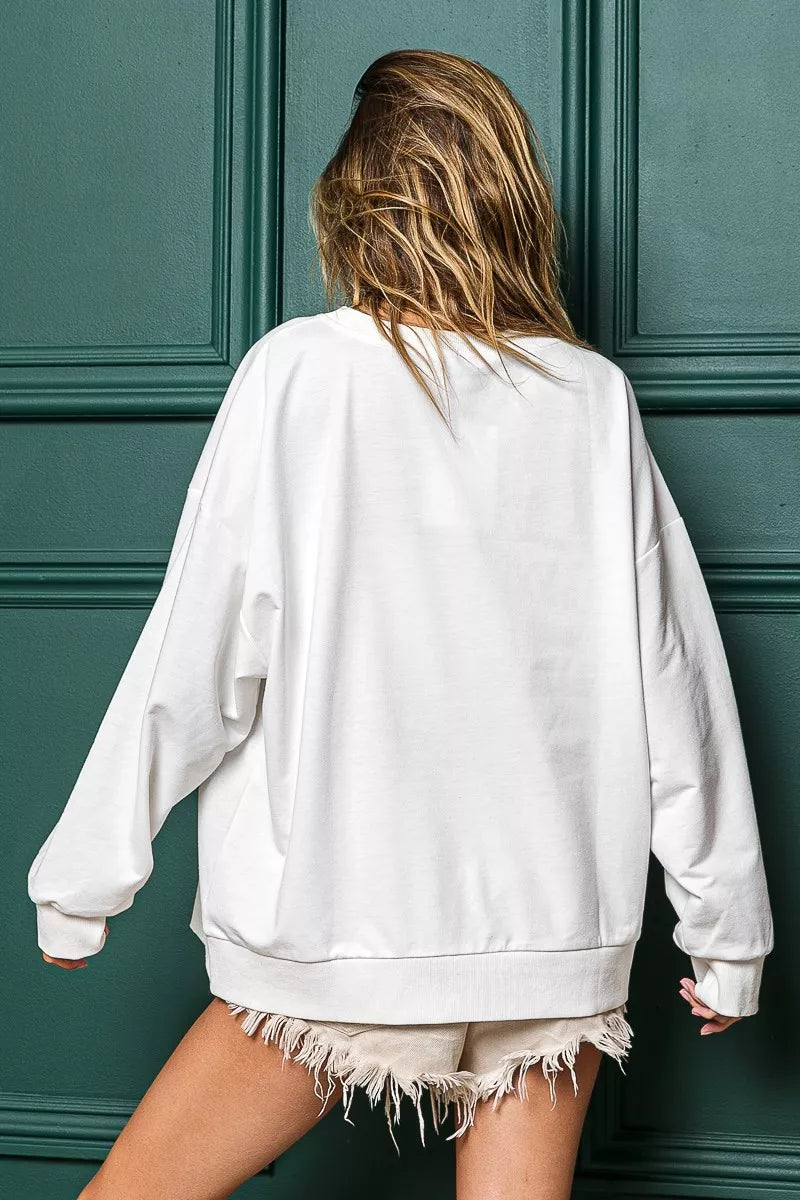 White Christmas Sweatshirt with Sequined "Holly Jolly" Design