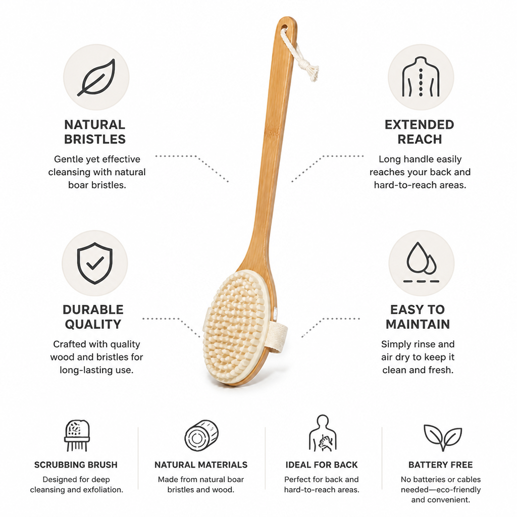 Premium Natural Bristle Bath Brush with Extended Handle