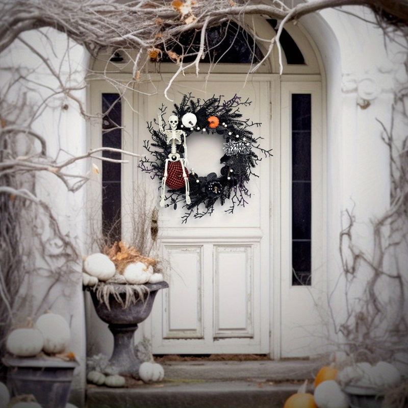 Halloween Wreath with Skeleton and Pumpkin – Festive Door Decor