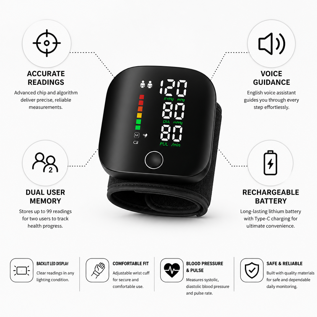 Smart Voice-Enabled Rechargeable Wrist Blood Pressure Tracker