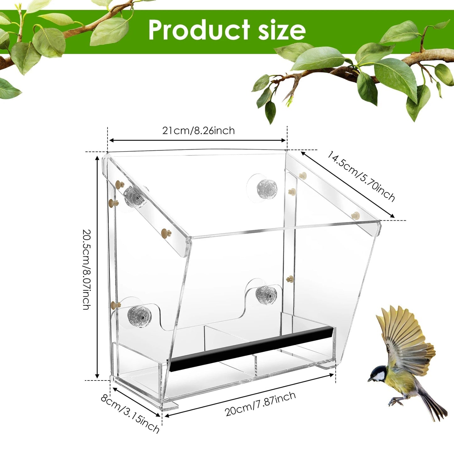 Acrylic Bird Feeder with Suction Cups for Window Mounting - Clear Design