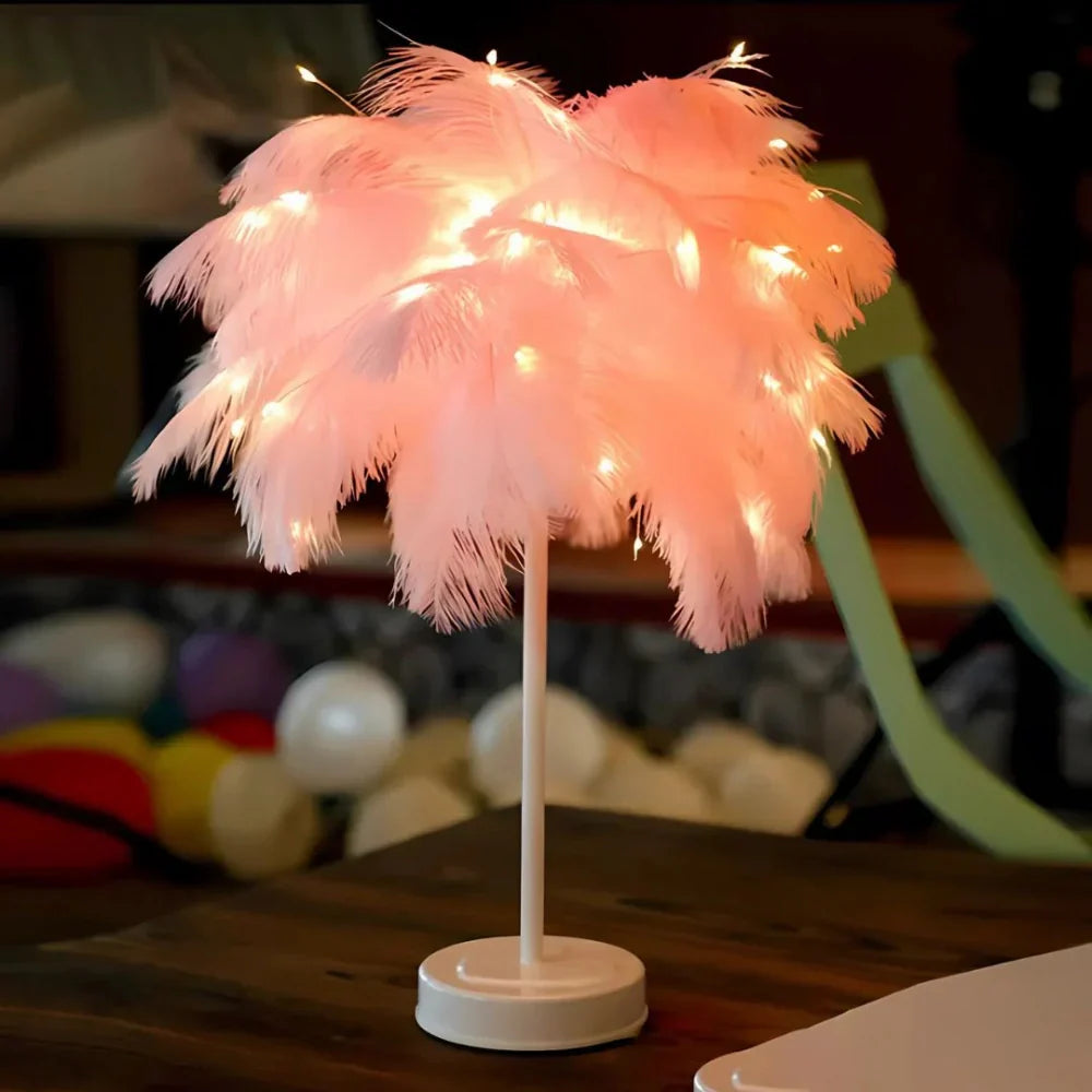 Remote-Controlled LED Nightstand Lamp with Feather Palm Design