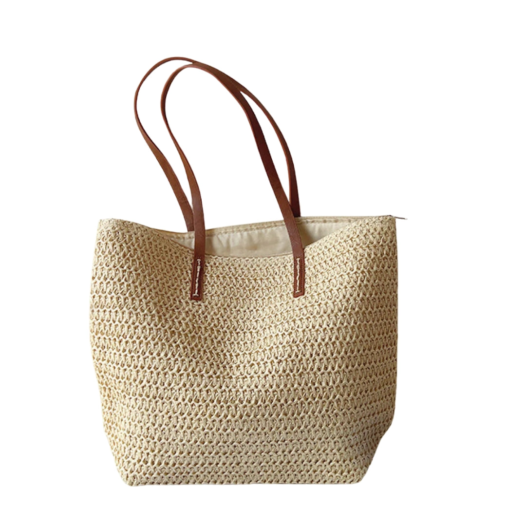 Women's Leather-Handled Wicker Tote Bag