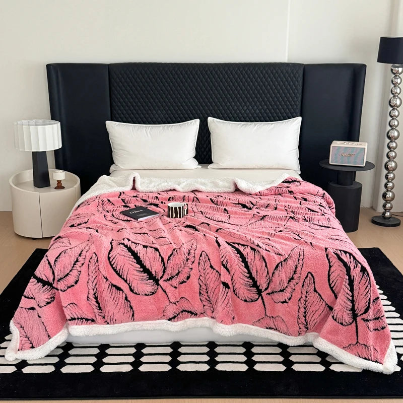 Cozy Lamb Fleece Blanket | Soft Velvet Throw with Gold Embossed Design | Stylish for Bed and Sofa