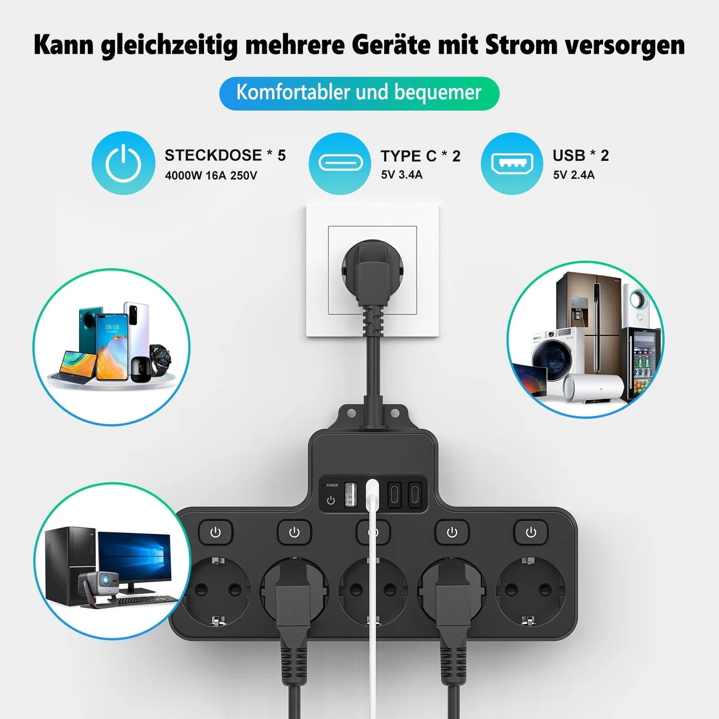 9-in-1 Power Strip with 5 AC Outlets and 4 USB Ports (2 Type-C) - 16A, 10 cm Short Cable, Individual Switch Control