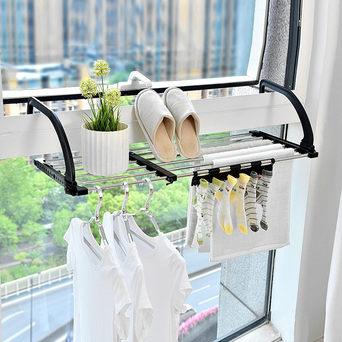 Retractable Drying Rack for Balcony - Portable with Sock Holders