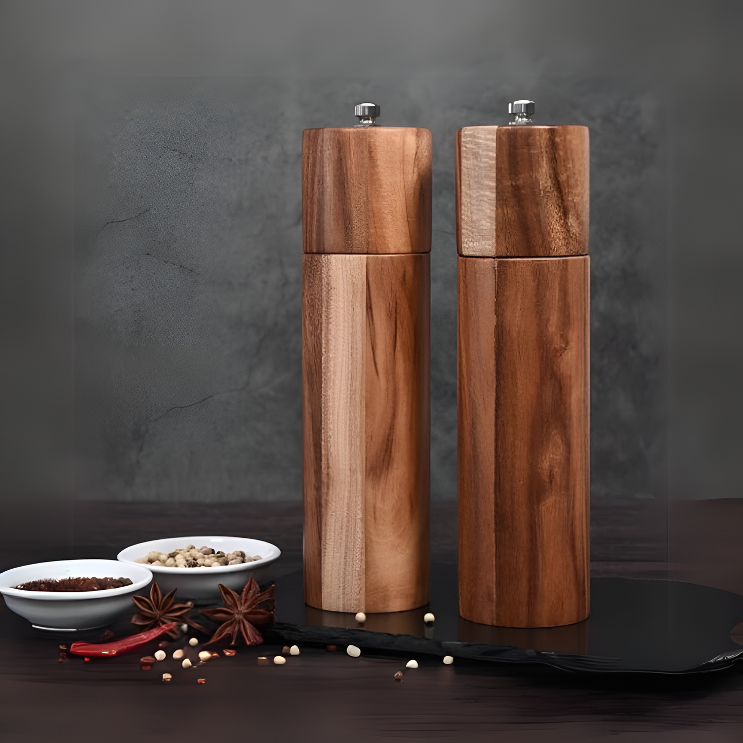 Elegant Acacia Wood Spice Mills for Flavorful Cooking