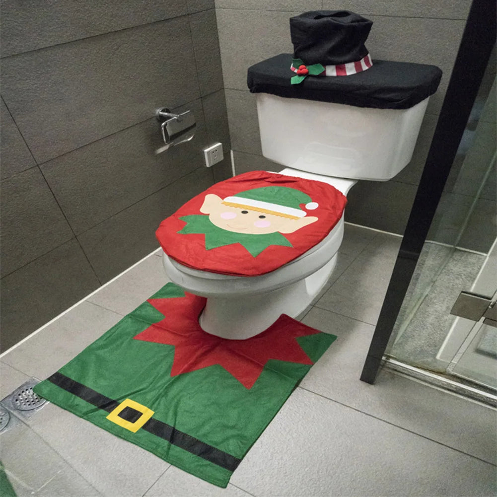 Christmas Toilet Set - 3-Piece Design with Santa - Fun Bathroom Decor with Mat & Tank Cover - Holiday Decoration 2024