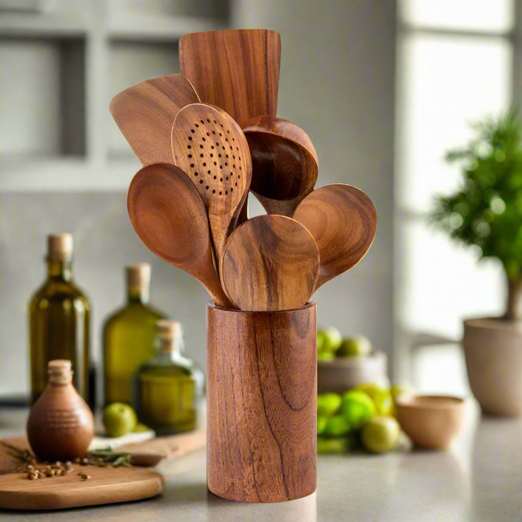 Sustainable Teakwood Kitchen Utensil Set – Antibacterial Cooking Tools