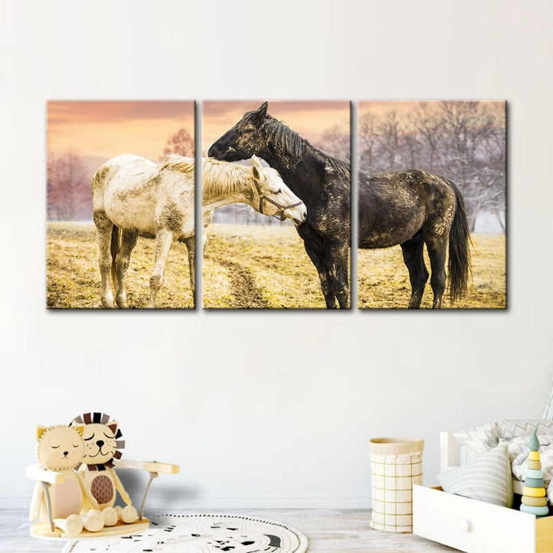 Set of 3 Canvas Wall Art Paintings – Black and White Horses