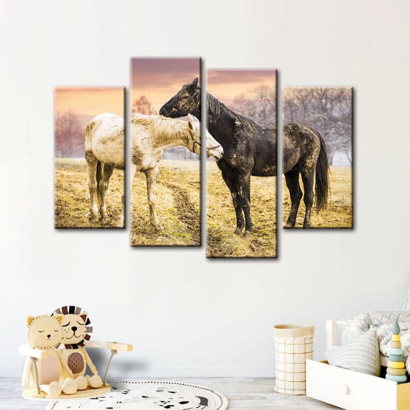 Stunning 4-Piece Black & White Horse Canvas Art Set
