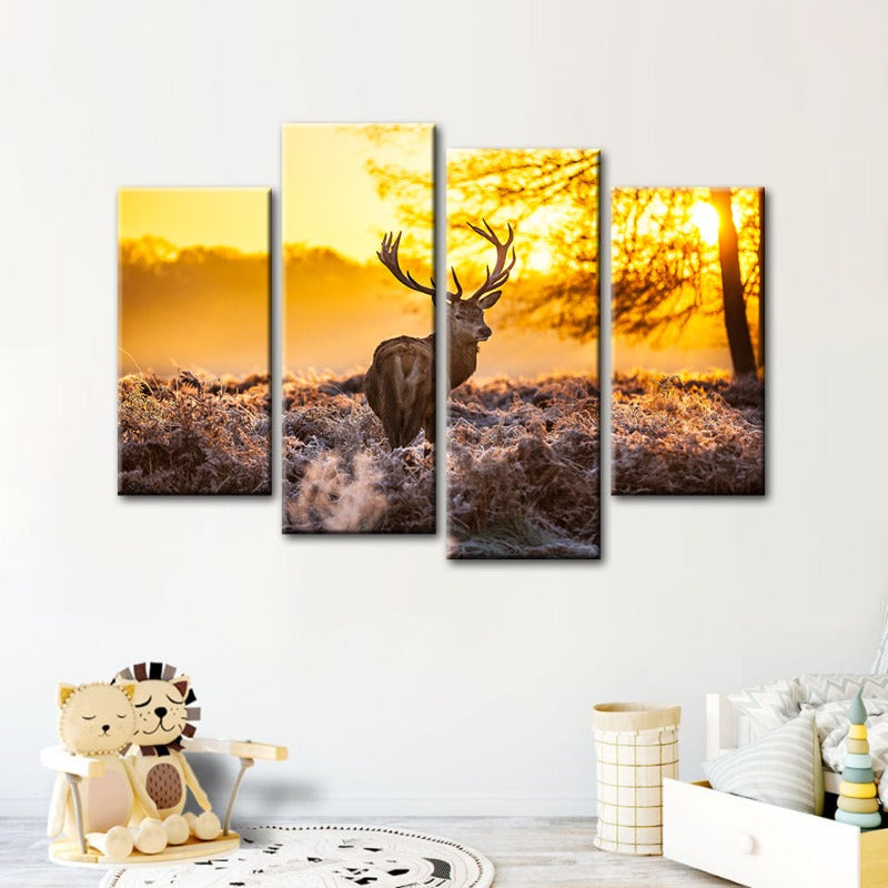 Serene Dawn Deer Canvas Art - 4 Piece Set for Home Decor