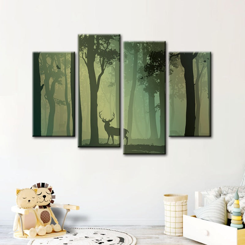 Majestic Green Forest Deer - 4 Piece Canvas Art Set