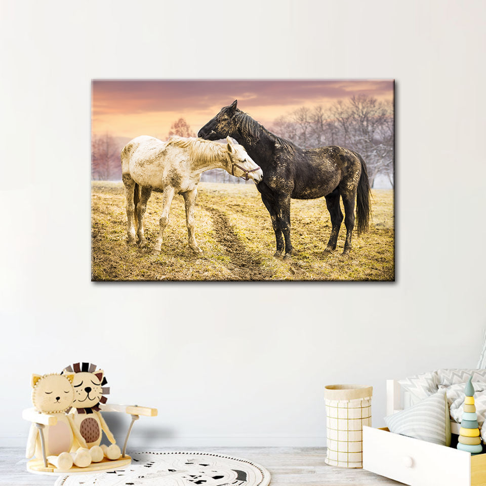 Canvas Art Print of Black and White Horses for Wall Decor