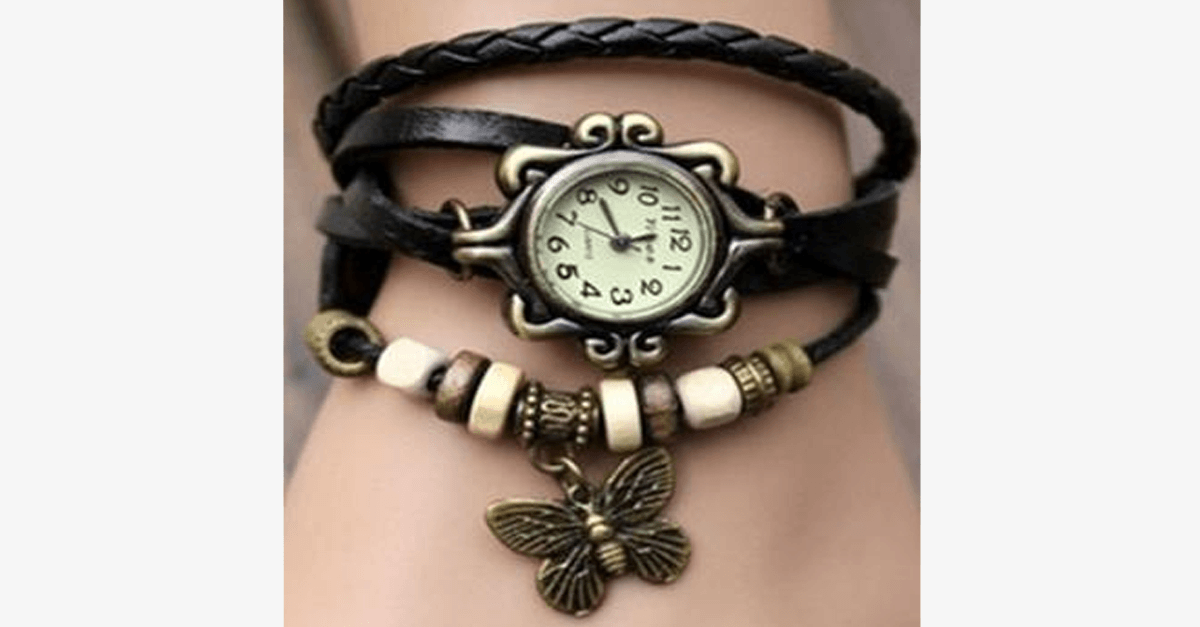 Multicolored Genuine Leather Butterfly Wrap Watch with Snap Closure