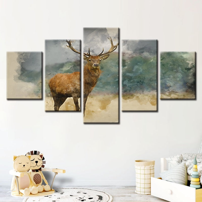 Tranquil Deer in Watercolor - 5 Piece Canvas Art Set
