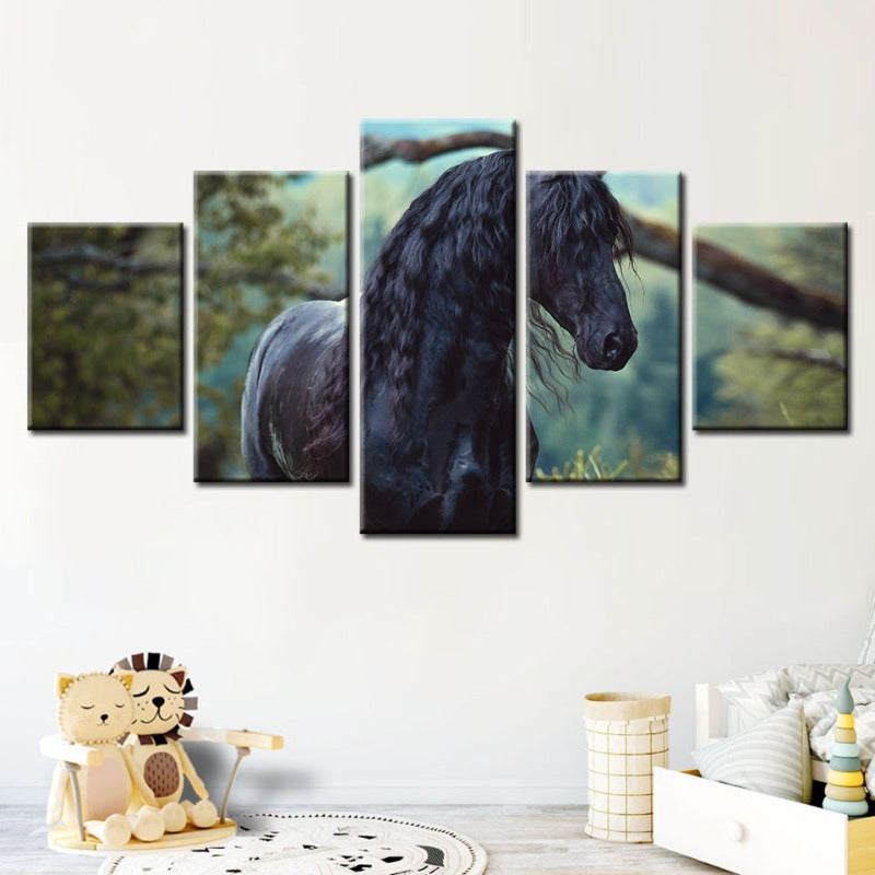 Majestic Horse in Forest - 5 Panel Canvas Art for Home Decor