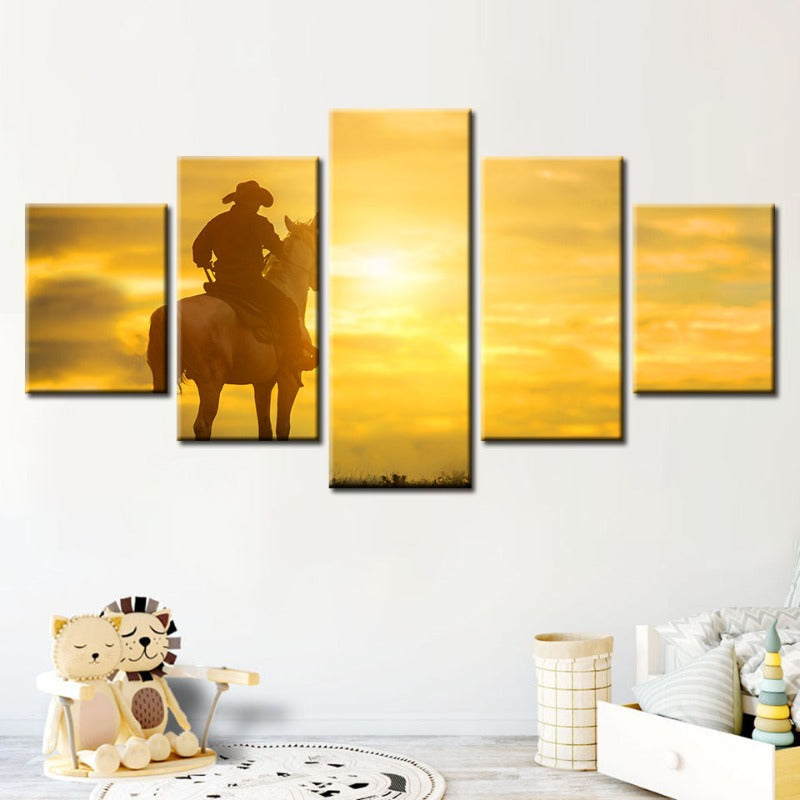 5-Piece Canvas Art Set: Cowboy and Horse at Sunset