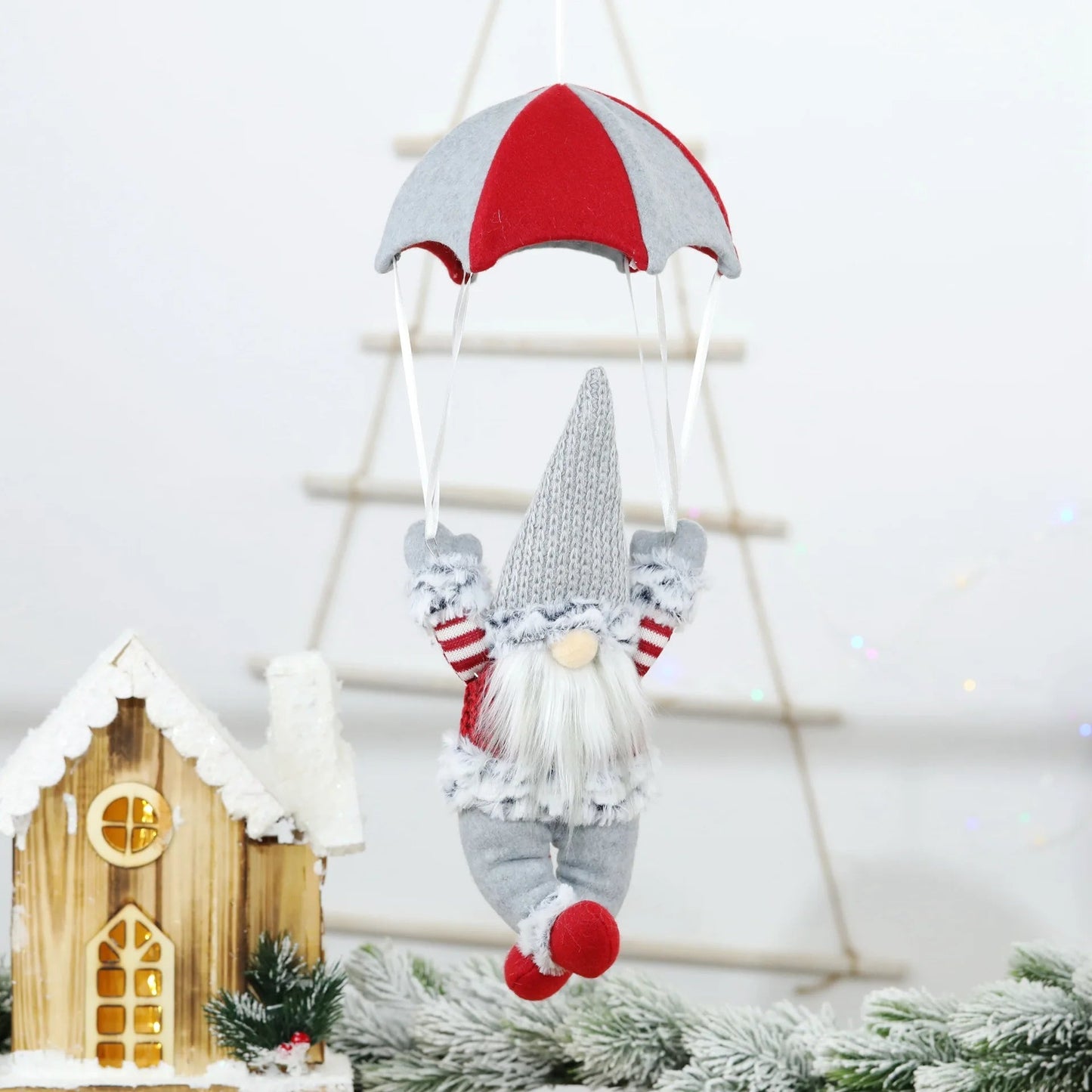 Hanging Christmas Gnome with Parachute | Handmade Plush Doll | 45×18 cm