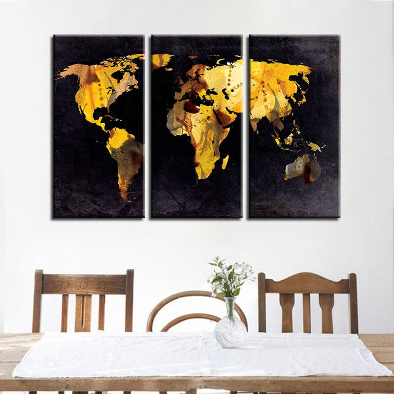 Set of 3 Canvas Art Prints - Yellow Leaf World Map Decor
