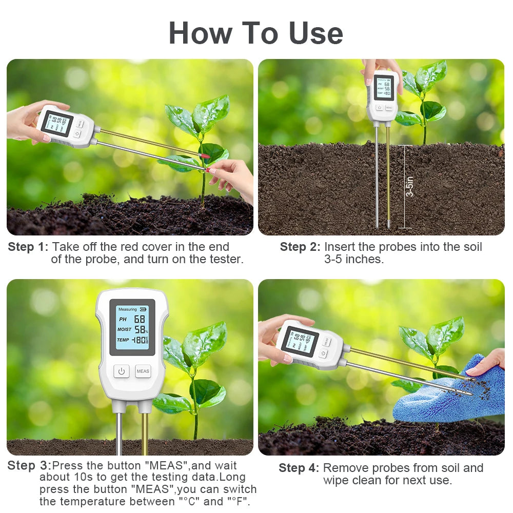 3-in-1 Soil Tester with Digital Display | pH, Moisture & Temperature Sensor | 25.3 cm Probe