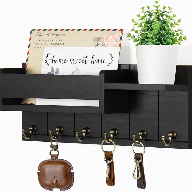 Wooden Key Holder with Shelf | Wall-Mounted Organizer Featuring 6 Hooks