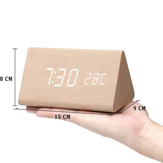 Voice-Activated Wooden Alarm Clock with LED Display – Modern Design