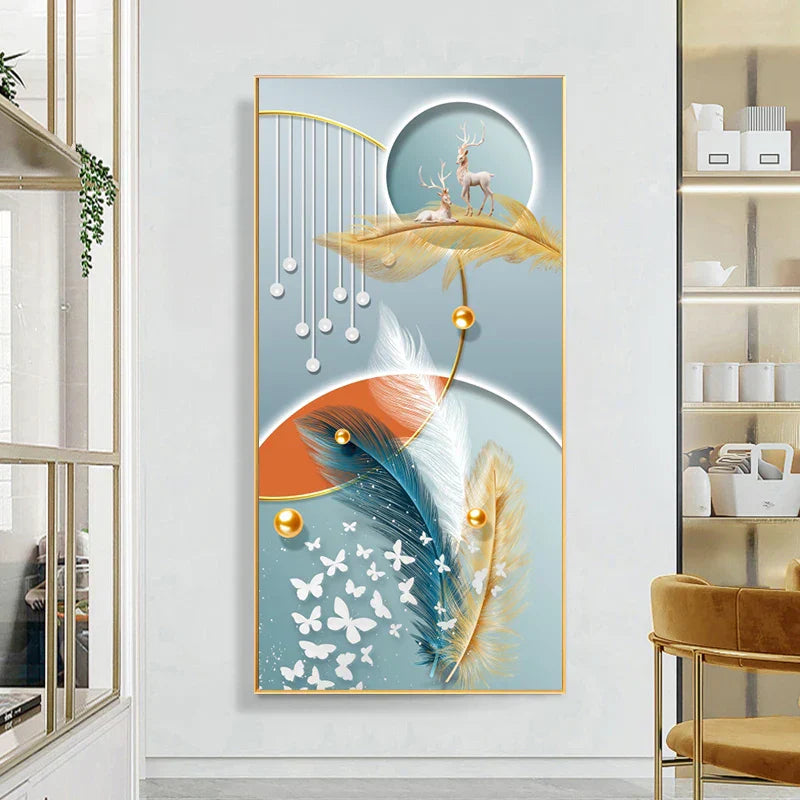 Abstract Golden Feather Deer Landscape Canvas Art for Elegant Home Decor