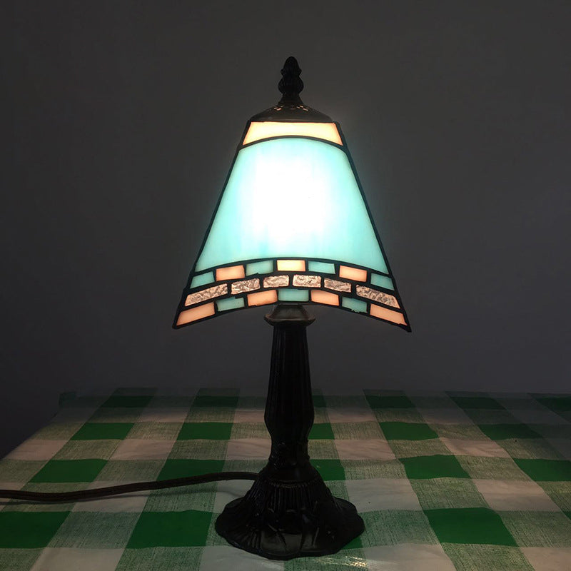 1-Light Trapezoidal Bedside Lamp in Sea-side Blue Glass for Home Decor