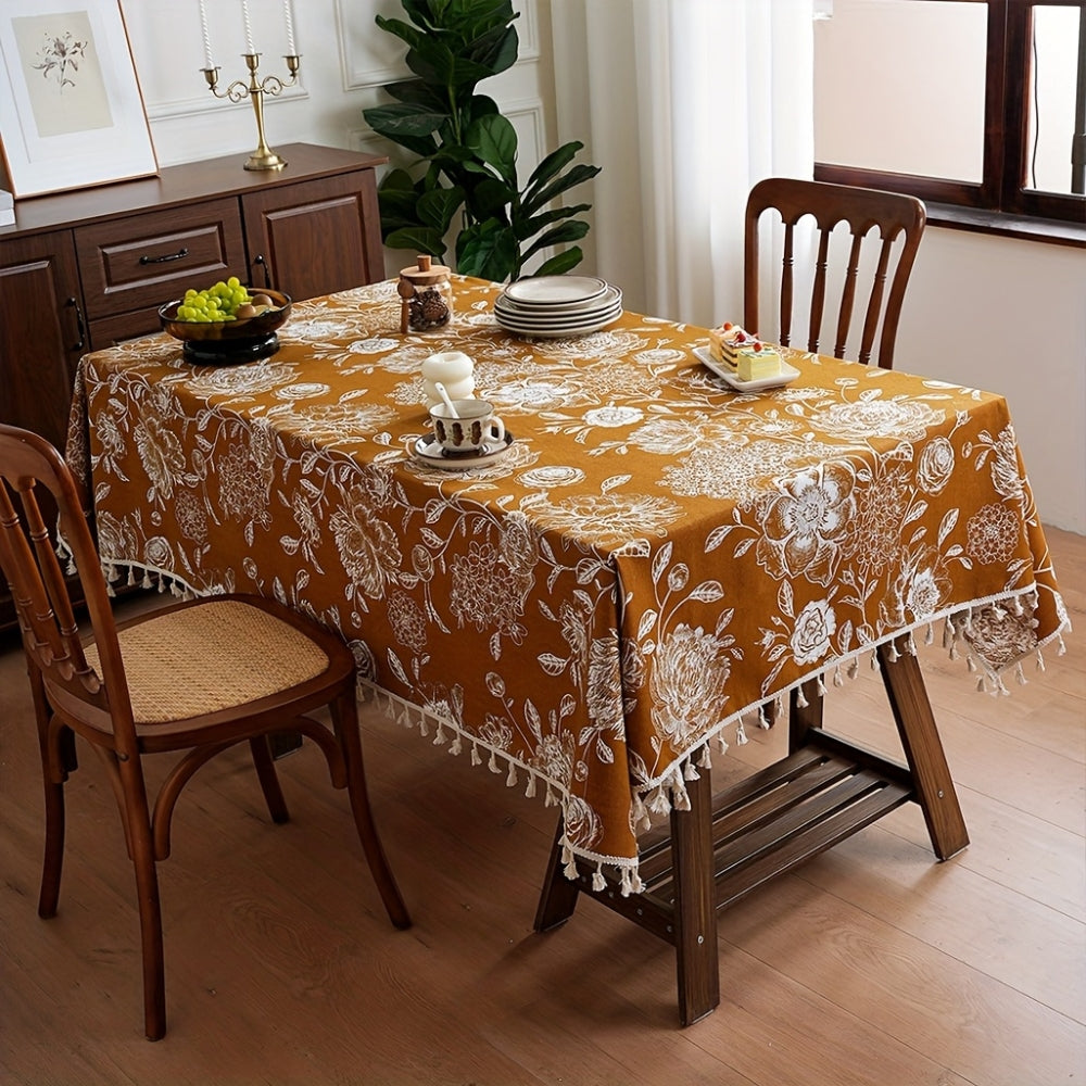 Chic Floral Table Cover with Tassel Accents