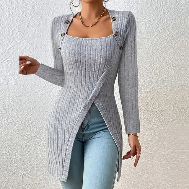 Elegant Square Neck Ribbed Knit Dress for Women