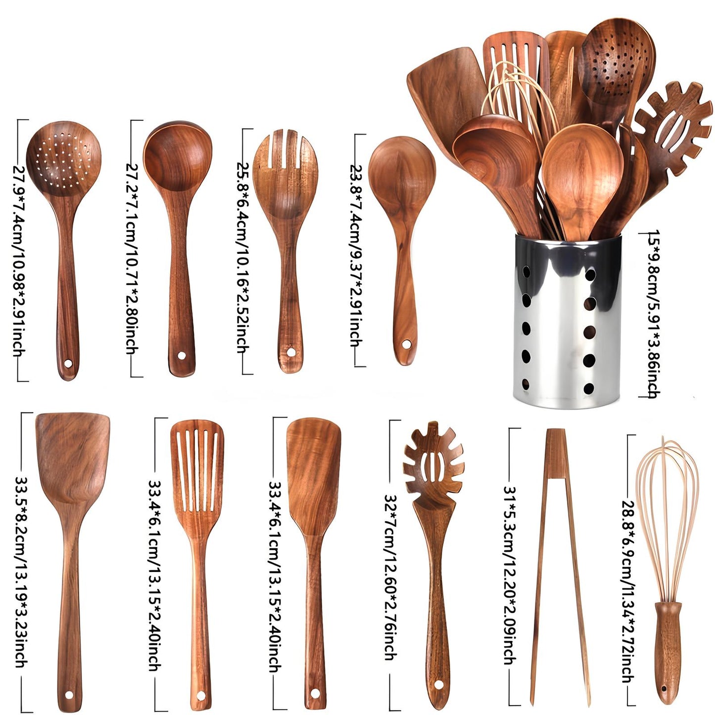 11-Piece Teak Kitchen Utensil Set with Holder – Natural Finish